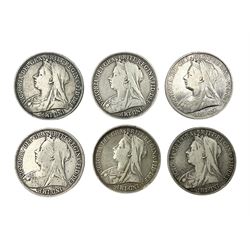 Six Queen Victoria silver crown coins, dated 1893, two 1896, 1898, 1899 and 1900