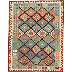 Anatolian Turkish Kilim multi-colour rug, decorated with all over lozenges in contrasting colours with dark indigo outline, the multi-band ivory and red border with repeating geometric shapes and small lozenges or diamonds
