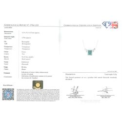 Platinum Siberian emerald and diamond necklace, single rectangular cut emerald of approx 5.70 carat, with two rectangular cut diamonds set either side, to a trace link chain necklace, hallmarked, total diamond weight approx 0.70 carat, the GCS certificate