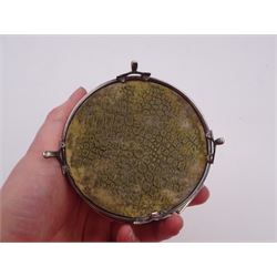 1920s silver mounted jewellery box, of circular form, with bead and dart rim to hinged cover, opening to reveal gilt velvet lined interior, upon four pad feet, hallmarked Charles Edwards, London 1920, H4.5cm