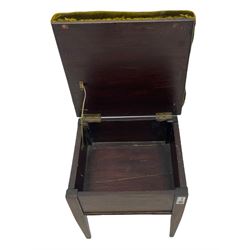 Teak sewing box with contents, a wicker blanket chest and small upholstered stool
