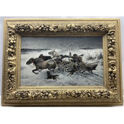 E Verestchagen (Russian 19th/20th century): Troika in the Snow, oil on canvas signed 48cm x 79cm in quality heavy gilt frame