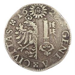 Geneva silver thaler coin, last date number heavily worn, possibly 1626, type HC