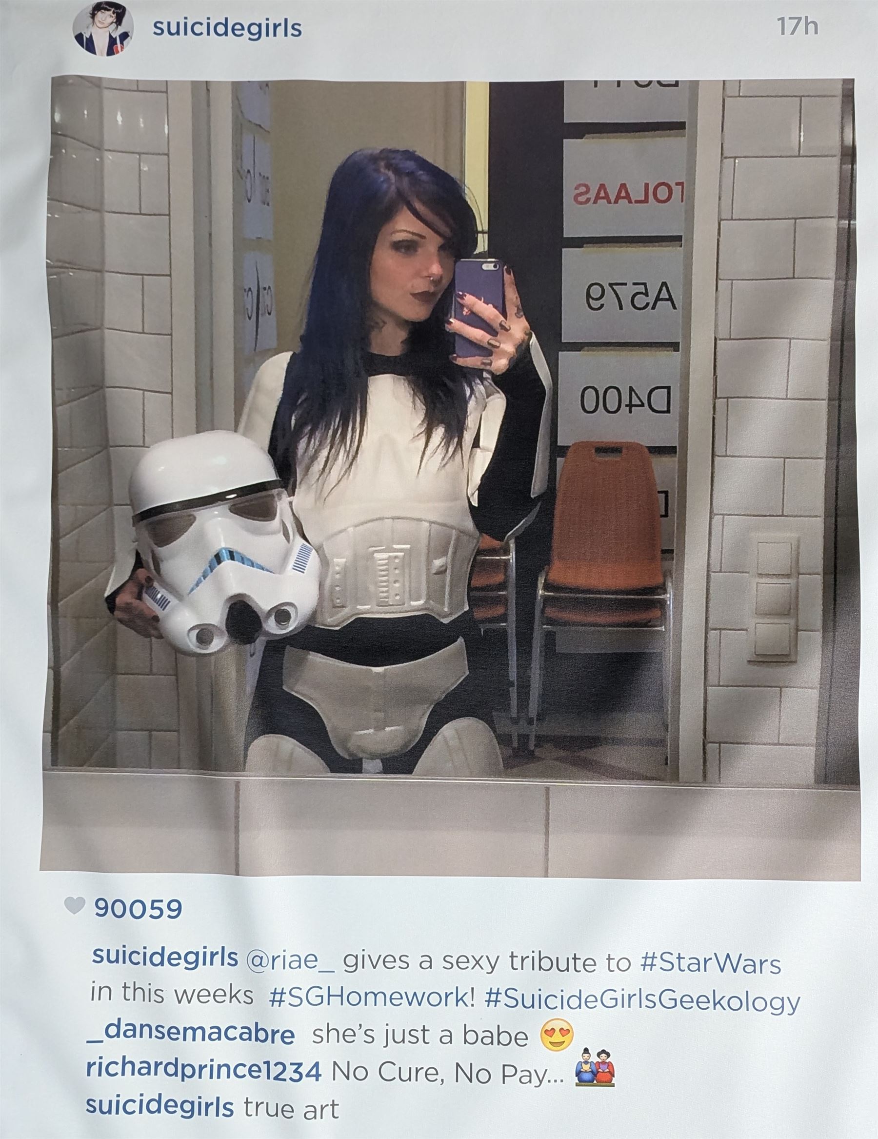 SuicideGirls (American 2001-): 'Star Wars' - ‘True Art’ Instagram Series 2015, giclée print on canvas, from the open edition published in response to Richard Prince’s New Portraits series exh. Gagosian Gallery, printed with social media-style imagery and 'true art' tagline 175cm x 163cm (unframed)

Notes: SuicideGirls is an American photography collective founded in Los Angeles by Selena Mooney and Sean Suhl.
The present work forms part of a 2015 open edition issued in response to Prince’s appropriation of their Instagram imagery, incorporating the phrase 'true art' as a statement on authorship and image ownership