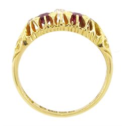 Edwardian 18ct gold five stone ruby and old cut diamond ring, Birmingham 1902, total ruby weight 0.40 carat, total diamond weight approx 0.20 carat