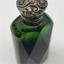 Silver mounted green glass scent bottle, with original stopper, and embossed silver cover, H7cm