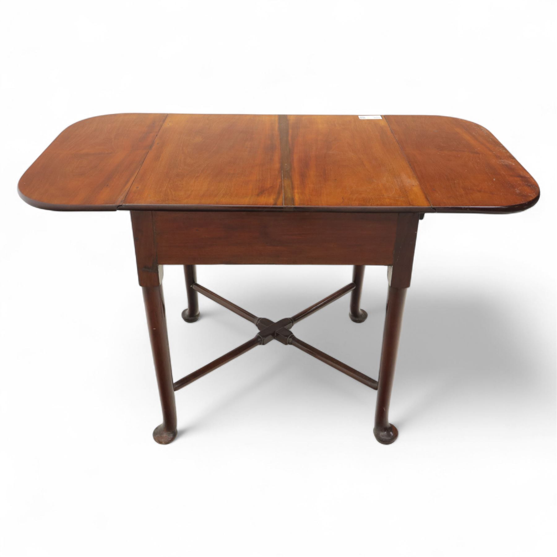 Early 20th century Georgian design mahogany drop leaf table, rectangular top with twin drop leaves above a single frieze drawer on sender tapered legs united by a cross-stretcher and terminating in pad feet  