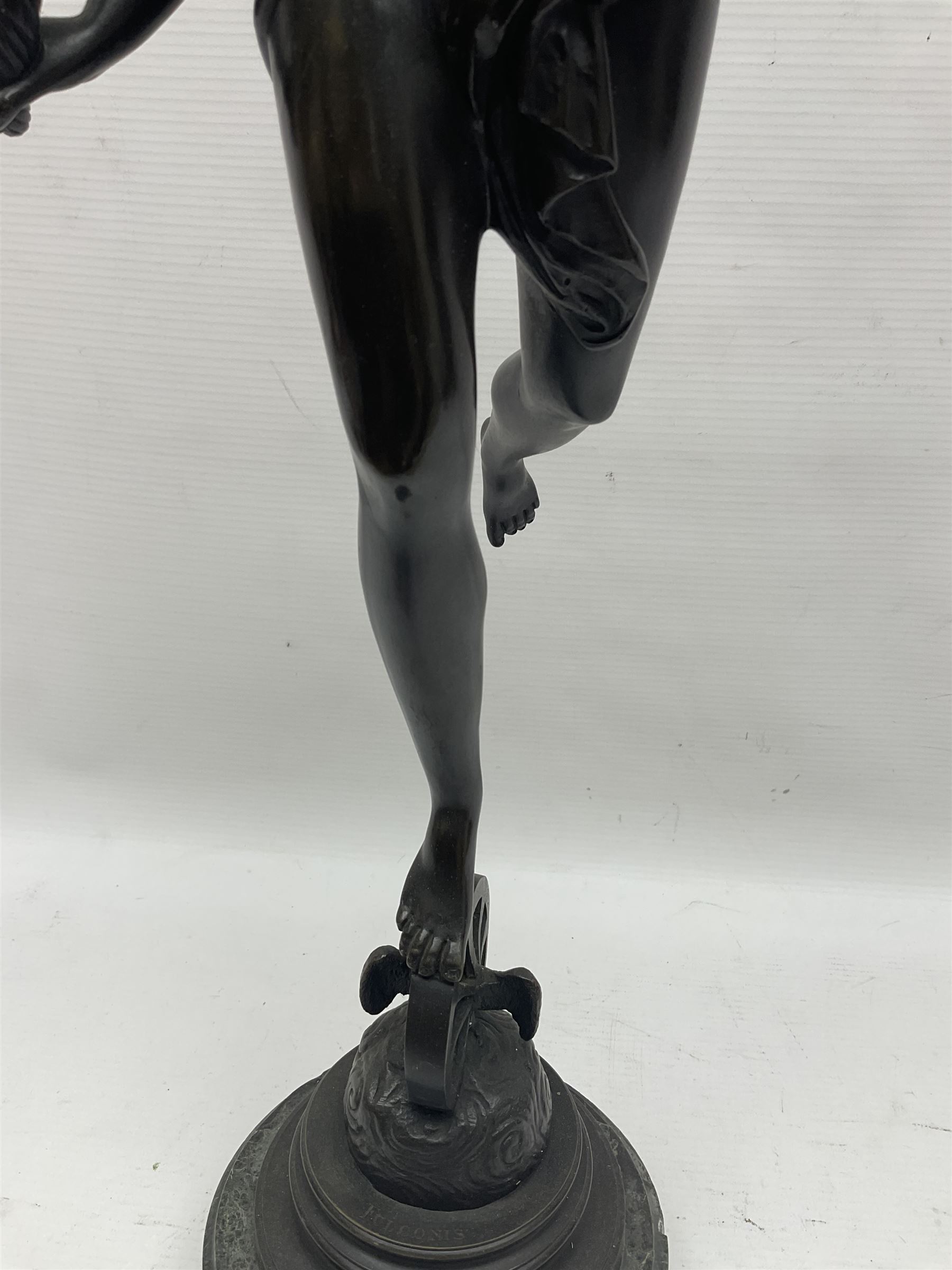 After Louis Guillaume Fulconis, a bronzed figure of Fortuna with cornucopia in her right hand and standing on a wheel on green serpentine base, height 60cm