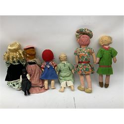 Quantity of assorted dolls including Butlins Red Coat fashion doll in unopened blister pack; national costume dolls; pressed felt, composition and porcelain head dolls etc