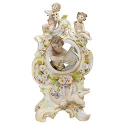 Sitzendorf four branch candelabrum, the column formed as a tree with figures H53cm and Sitzendorf mirror, H22cm; together with a similar mantle ornament 