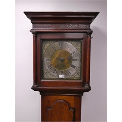  George lll oak longcase clock 11.5in square brass Roman dial engraved George Bishop, Redmile, with a Sun, 30hr movement striking on a bell, H192cm  