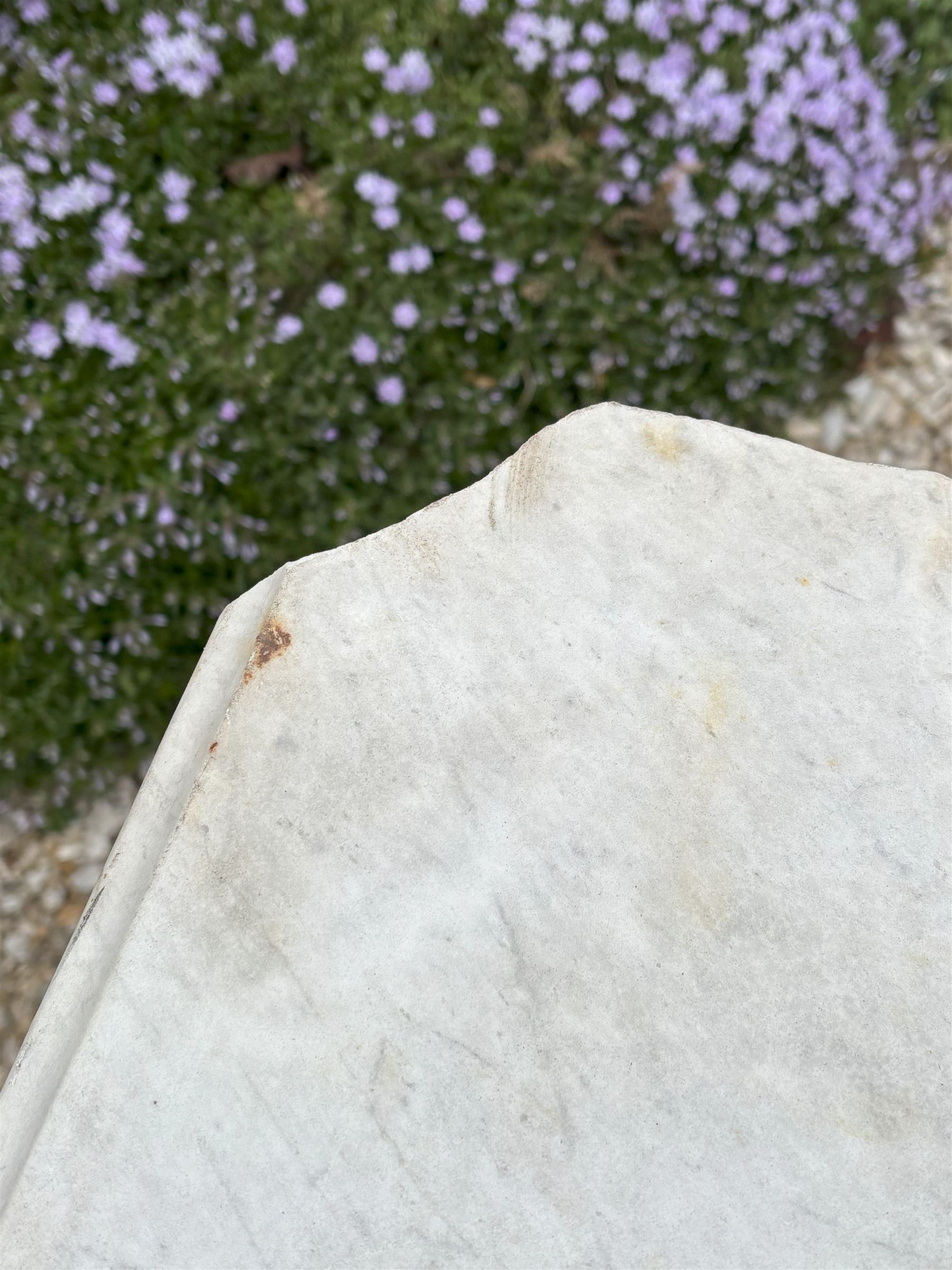 Victorian cast iron garden table with variegated marble top. L127cm, D57cm, H75cm.  - COLLECTION BY APPOINTMENT FROM: The White House, Thirsk Road, Easingwold, York, YO61 3NF - CALL 01723 507111 TO ARRANGE