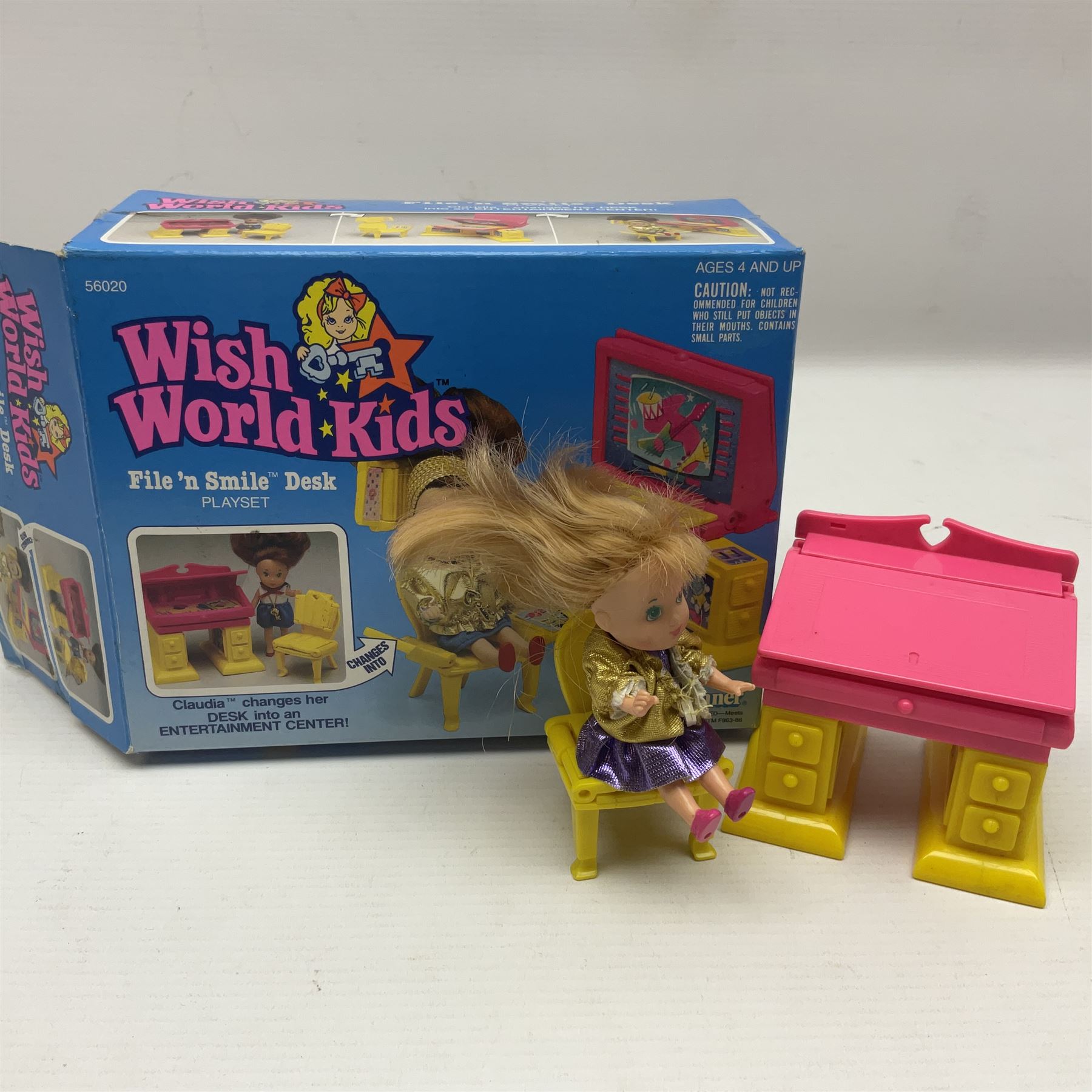 Wish World Kids - Eleven play sets comprising Treats ‘n Sweets Refrigerator, Grin ‘n Win TV, Sponge ‘n Plunge Bathtub, Socks ‘n Locks Dresser, Spice ‘n Slice Stove, Sleep ‘n Leap Bed, File ‘n Smile Desk, Blaze ‘n Braise Fireplace, Hear ‘n Cheer playset in Sponge ‘n Plunge box, two Read ‘n Speed Chair playsets in one box