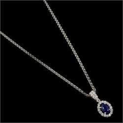  White gold sapphire and diamond cluster pendant, hallmarked 18ct, on 9ct white gold chain necklace stamped 375  