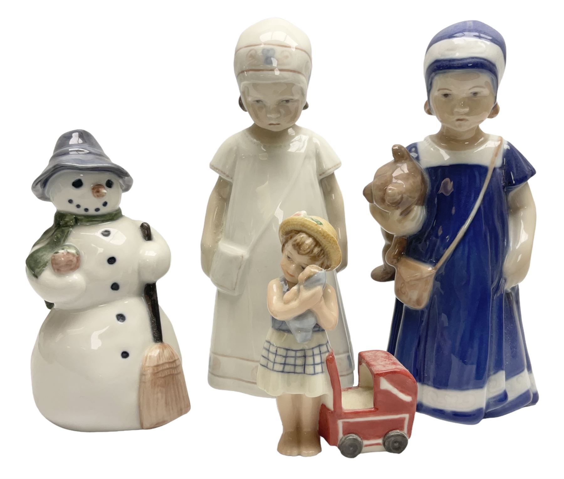 Four Royal Copenhagen figures, comprising Else with teddy no. 671, Snowman no. 158, Elsa no. 404, an mini collection girl with pram no.014, all with mark beneath  