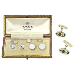 Set of silver mother of pearl shirt studs, in fitted Asprey box and a pair of silver-gilt wine bottle cufflinks