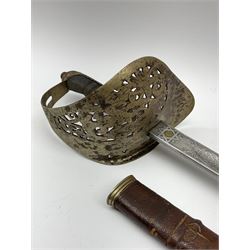 George V 1897 pattern army officer's sword the 82.5cm etched blade by Flights Ltd London, Winchester, Aldershot & Camberley, nickel plated pierced hilt and wire bound fish-skin grip, in leather scabbard, L101cm overall