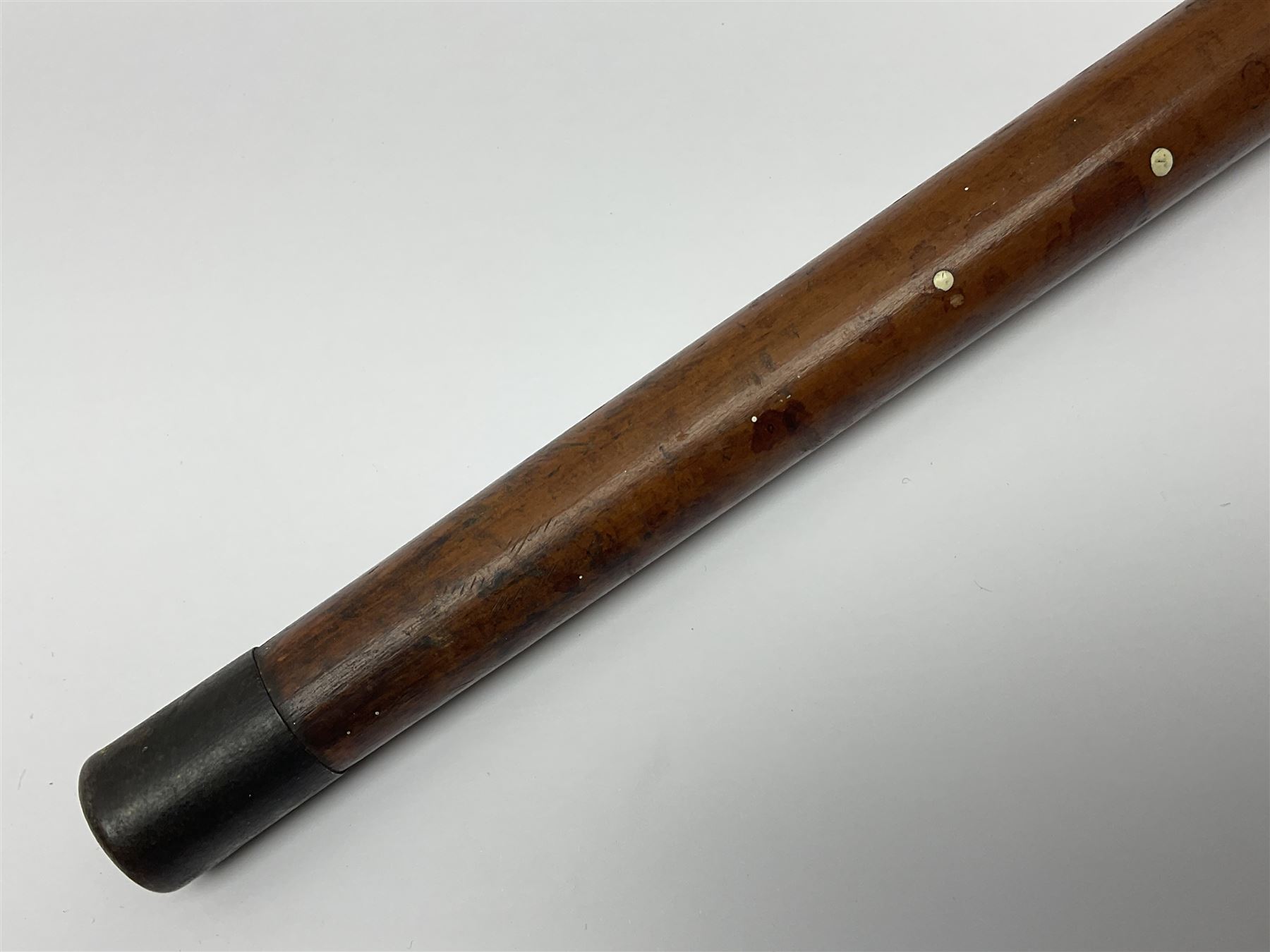 19th century malacca walking cane, the screw threaded domed cover opening to reveal vacant recess, above a further screw threaded opening revealing a removable glass vial with stopper, glass vial L41cm, cane L89.5cm