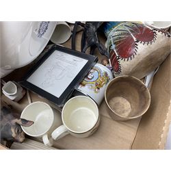 Wedgwood jasperware trinket box, commemorative ware, blue and white ceramics and a collection of other ceramics and collectables in five boxes