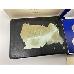 Four British Virgin Islands proof coin sets, comprising First Coinage of the British Virgin Islands 1973 proof six coin set, containing silver one dollar coin, 1977 and 1979 proof sets, containing high denomination silver coins, and The Royal Coronation Jubilee 1977 six coin silver proof set, each minted at the Franklin Mint, all cased with certificates, and a Solomon Islands 1978 proof seven coin set, containing silver five dollar coin, minted at the Franklin Mint, cased with certificate (5)