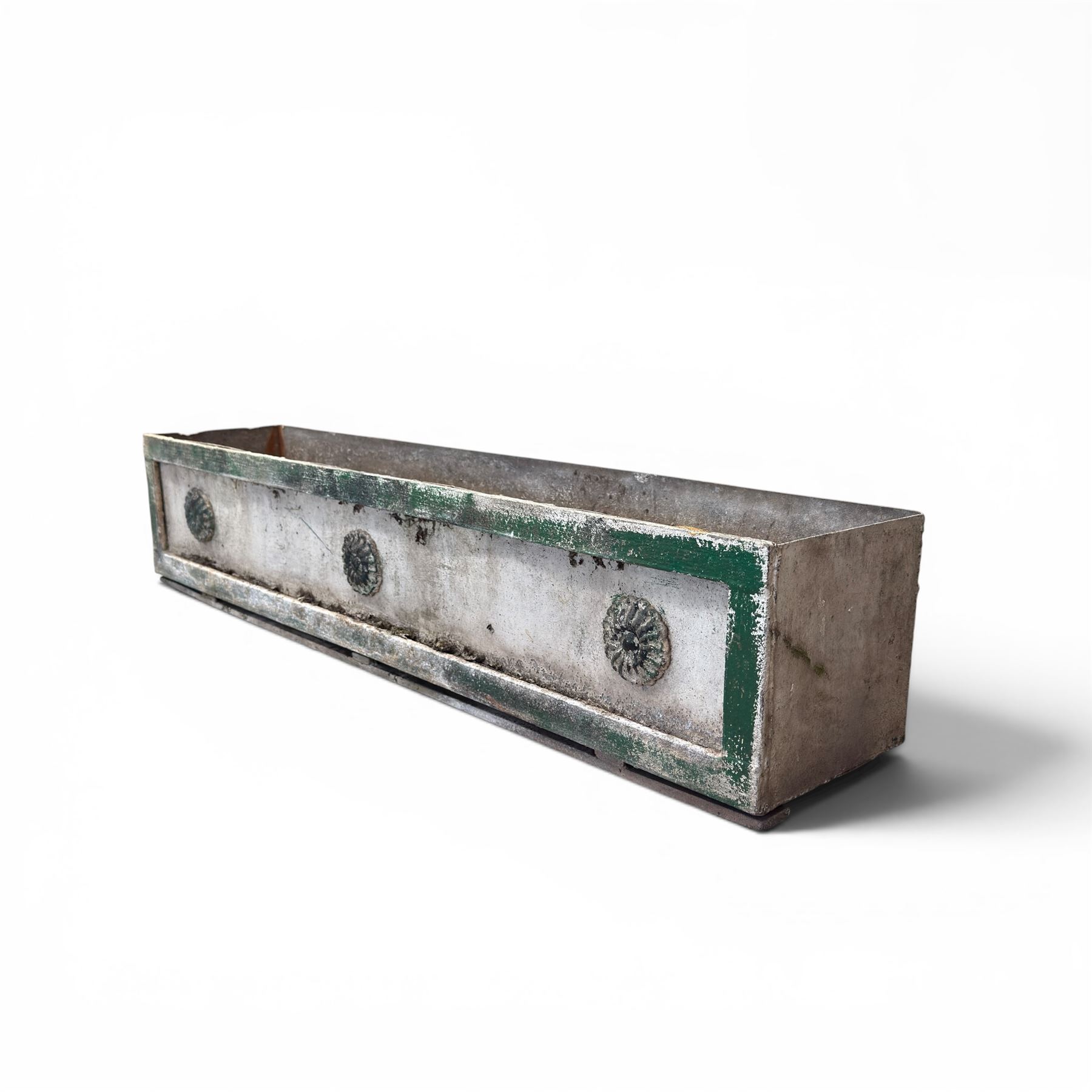 Early Victorian lead-fronted window box planter, of rectangular form with moulded borders and three applied flowerhead roundels, in distressed green finish