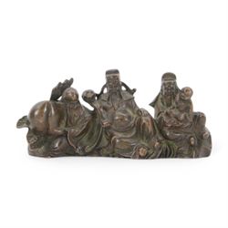 Bronzed Chinese Fu Lu Shou figure group, together with a dragon sculpture  
