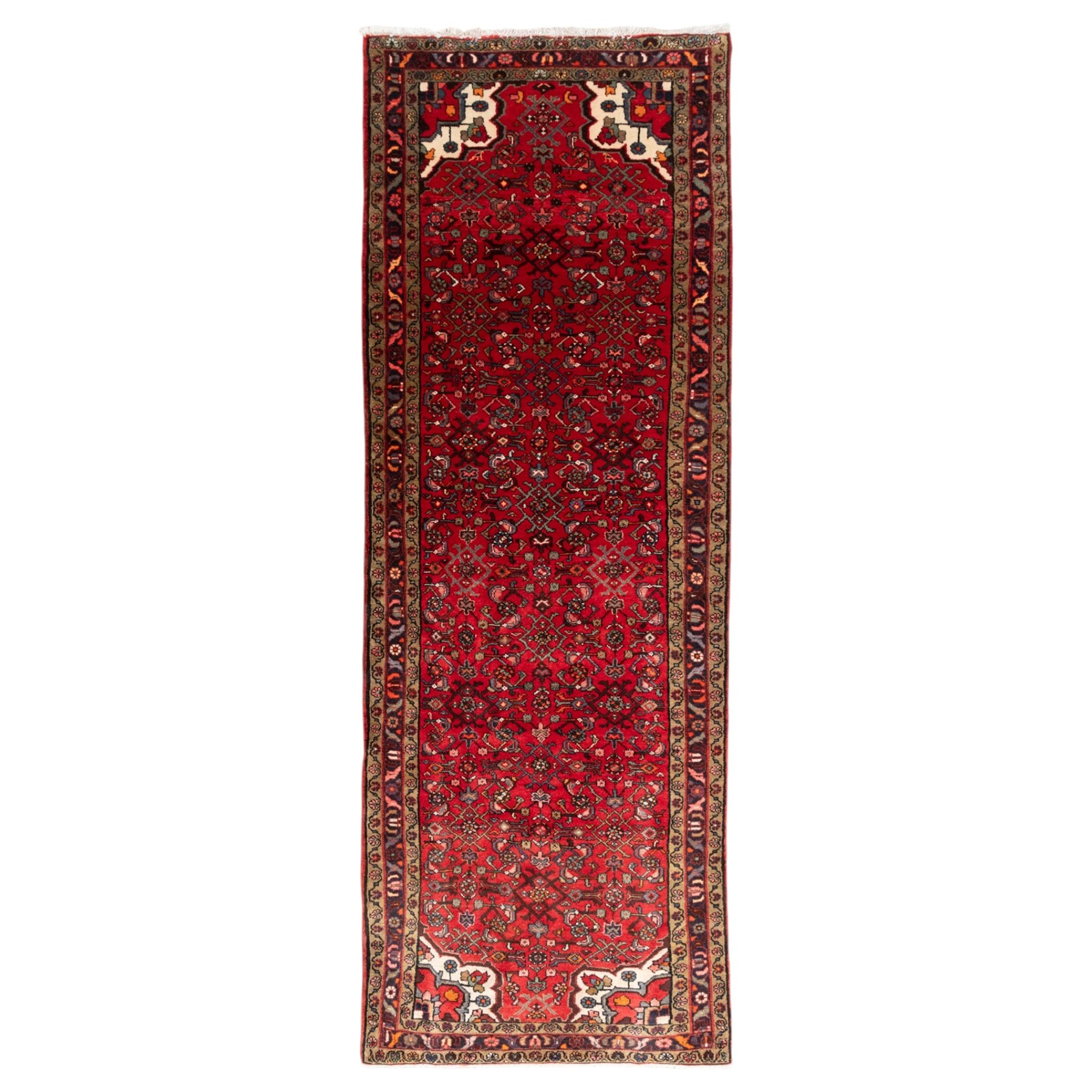 North West Persian runner, the red field decorated with an all-over Herati pattern of diamond lattice motifs, rosettes and serrated leaves, ivory floral spandrels, enclosed by an indigo palmette border and narrow floral guard bands