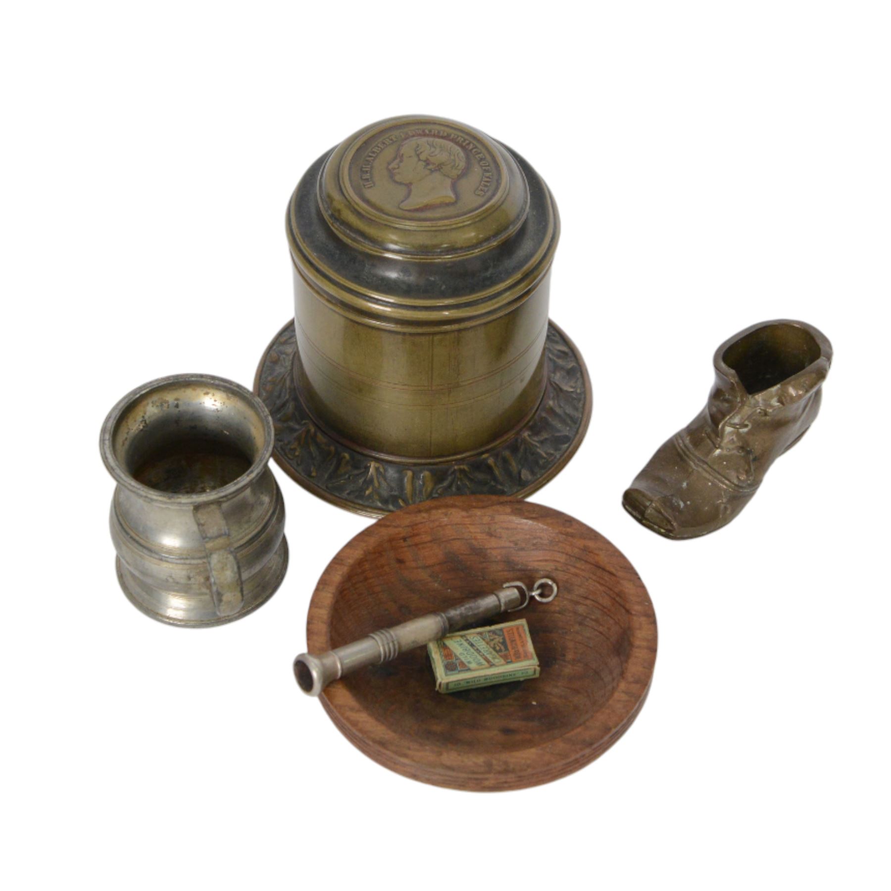 Cheroot holder with 9ct gold collar, silver cheroot holder, two cigar /cigarette cutters, two Victorian copper dishes set with Victorian penny, Otis King calculator and brassware, including folk art box, set of postage scales and Royal commemorative Prince Albert tobacco jar, match holder, etc