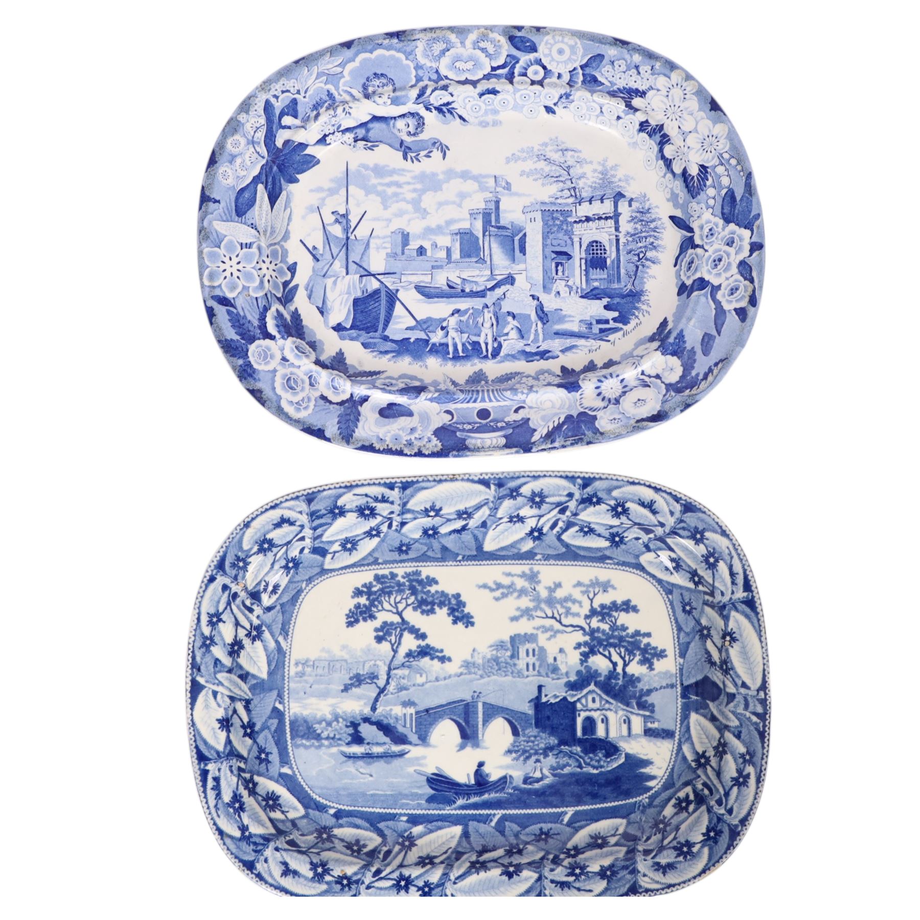 Two 19th century blue and white transfer printed pottery meat plates, the first by Don Pottery decorated in the Port of Alicata Italian and Sicilian views pattern, L38cm the second decorated in a Wild Rose type pattern variant, L37.5cm