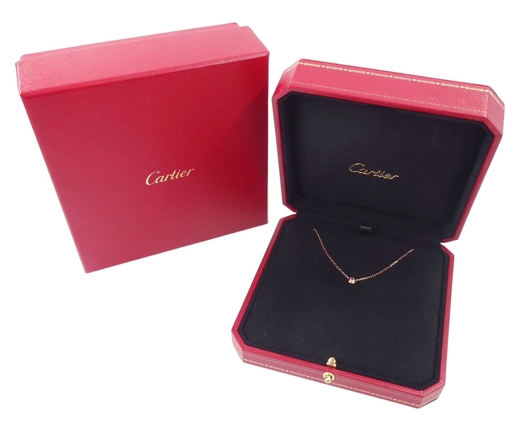 Cartier d'Amour 18ct rose gold pink sapphire pendant necklace, bezel set with a single round cut sapphire of approx 0.15 carat, boxed with certificate