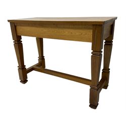 Solid oak console table, rectangular top raised on turned square supports united by stretcher