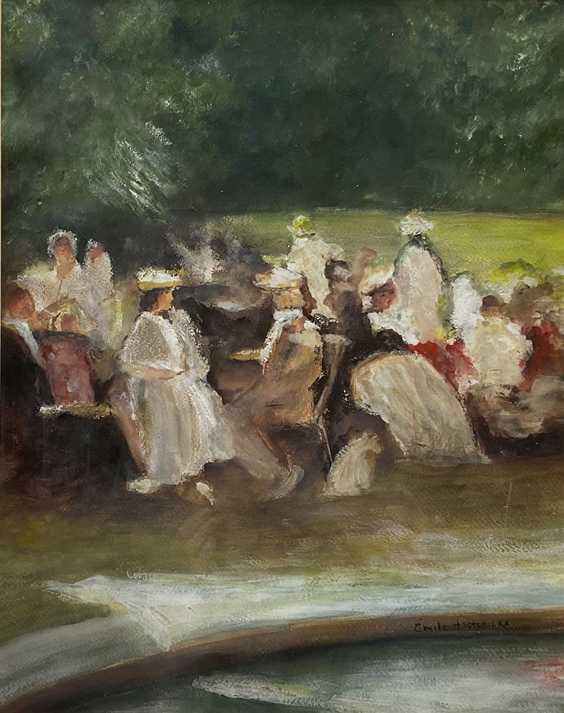 Emile Hoeterickx (Belgian 1853-1923): Fashionable Ladies in the Park, gouache and watercolour signed 46cm x 37cm