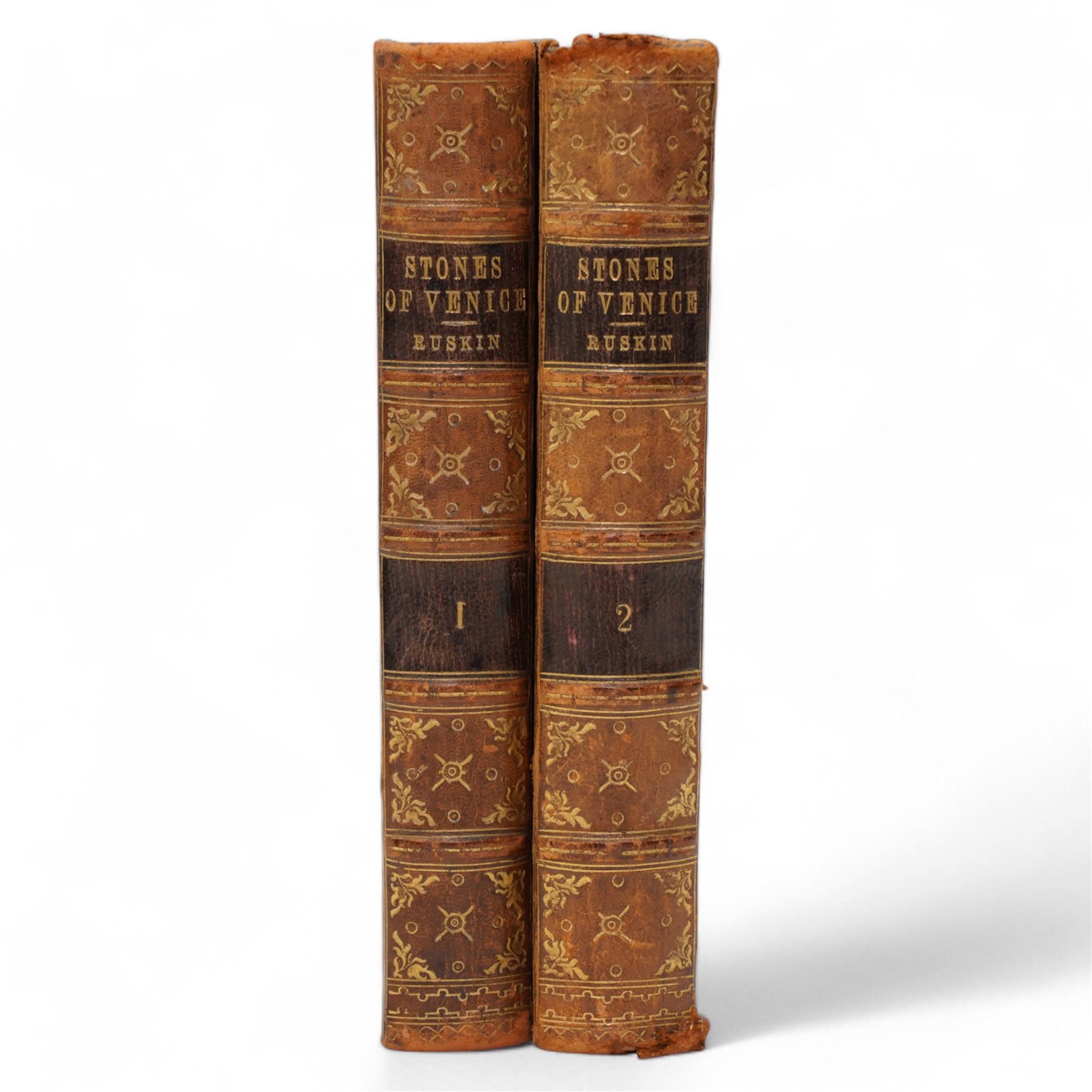 Pulling, F.S. - 'Sir Joshua Reynolds,, published Sampson Low, 1892 and Brock-Arnold, George M. - 'Gainsborough' published Sampson Low 1889, bound together in one volume, full leather with marbled end papers, bookplate of Lionel Montagu, all edges gilt, Ruskin, John - 'The Stones of Venice', volumes 1 & 2 of 3, published by G Allen, 1881 2nd edition, leather and marbled boards, Ruskin, John 'The Stones of Venice' published by G Allen 1893, 1st edition with green boards and Ruskin, John - 'Sesame and Lilies' published G Allen 1895 in soft leather, 'The Essays or counsels Civil and Moral', Routledge 1883 in half leather boards. 'Selections from speeches and writings of Edmund Burke' circa 1890, Tupper, A F 'Proverbial Philosophy' 1838, embossed and gilt leather, all edges gilt and Lord Macauley 'Historical Essays' 1923 