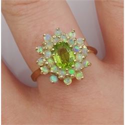 9ct gold peridot and opal cluster ring, hallmarked