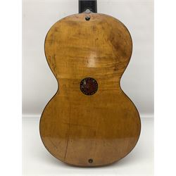 19th century Continental parlour guitar for restoration or display, with maple back and sides,  spruce top, scalloped neck and bone pegs; bears inset plaque to head 'Lapaix Paris 1830' and 'John Eastwood Teacher of the Guitar' paper label with manuscript note 'Fine Old Guitar Restored 1888 by JCB Leeds' L92cm