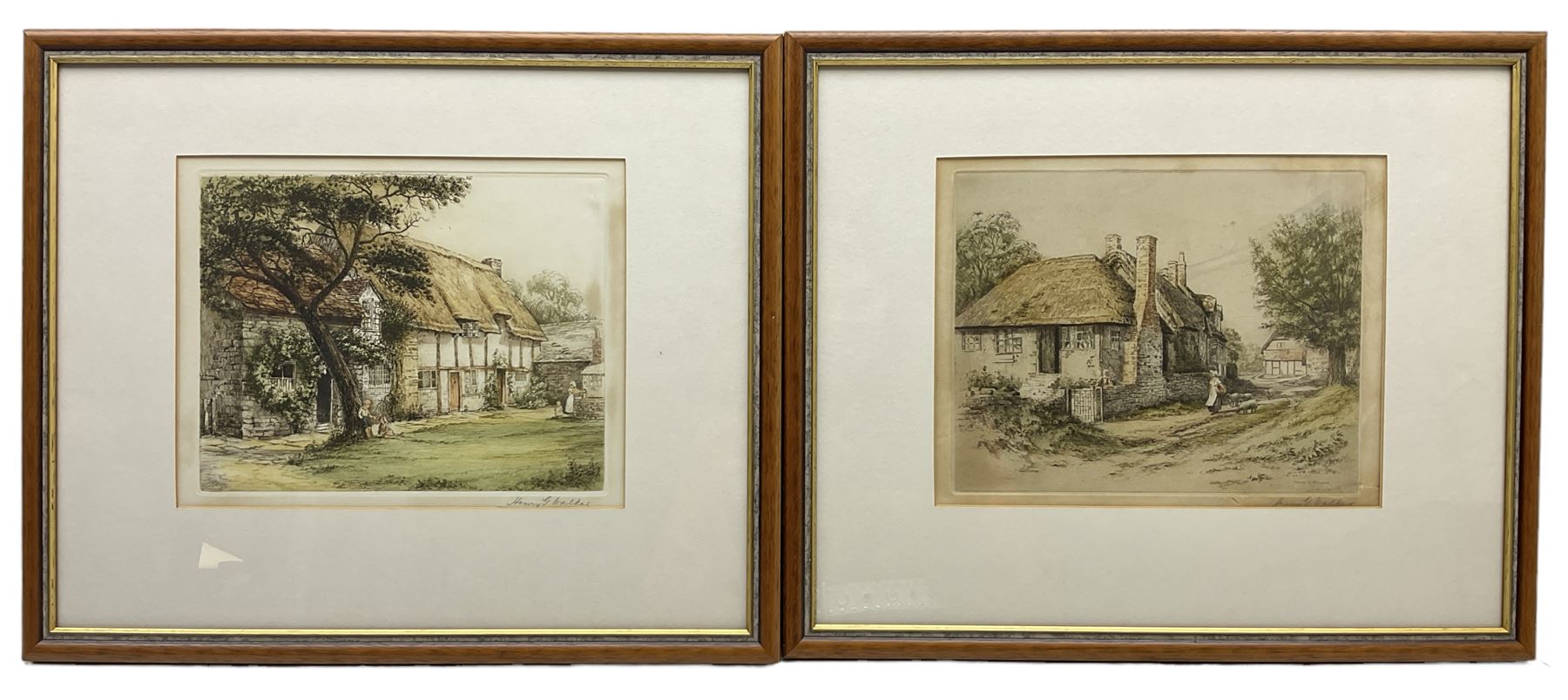 Henry George Walker (British 1876-1932): Thatched Cottages, pair coloured etchings signed and dated 1923, 21cm x 27cm