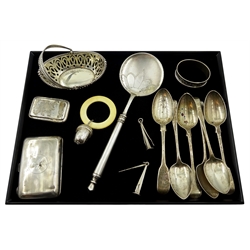 Scottish silver acorn and ivory teething rattle by W H Collins & Co, Glasgow 1929, Danish silver spoon, engraved decoration, small Edwardian silver swing handled basket, novelty picks on stands and a Victorian vesta case, cigarette case, napkin ring and and flatware, all hallmarked  