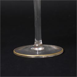 Pair of early 20th century Theresienthal Art Nouveau hand painted glass champagne coupes, the bowls hand painted with flowers, the bowl and foot rims lined in gilt, H13.5cm