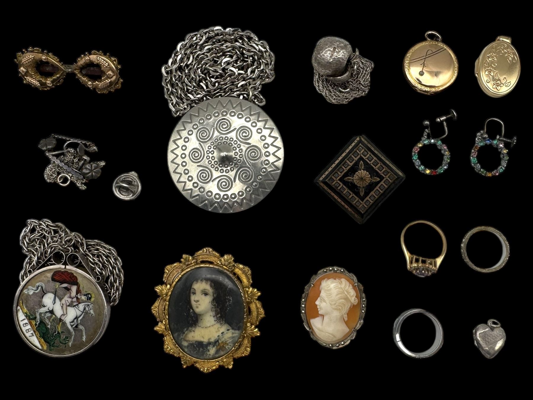 14ct gold locket set with diamond, 9ct gold jewellery including locket, brooch and stone set cluster ring, silver jewellery including enamelled Victoria silver crown pendant necklace, apple pendant, cameo brooch, portrait brooch, etc