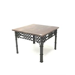 Metal framed square coffee table with cherry finish top
