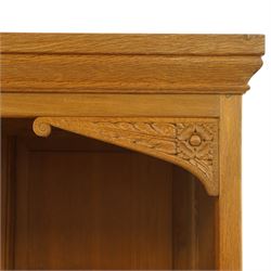 Beaverman - Yorkshire oak open bookcase, with adjustable shelves, panelled sides and lower cupboard doors, with carved beaver signature, by Colin Almack of Sutton near Thirsk