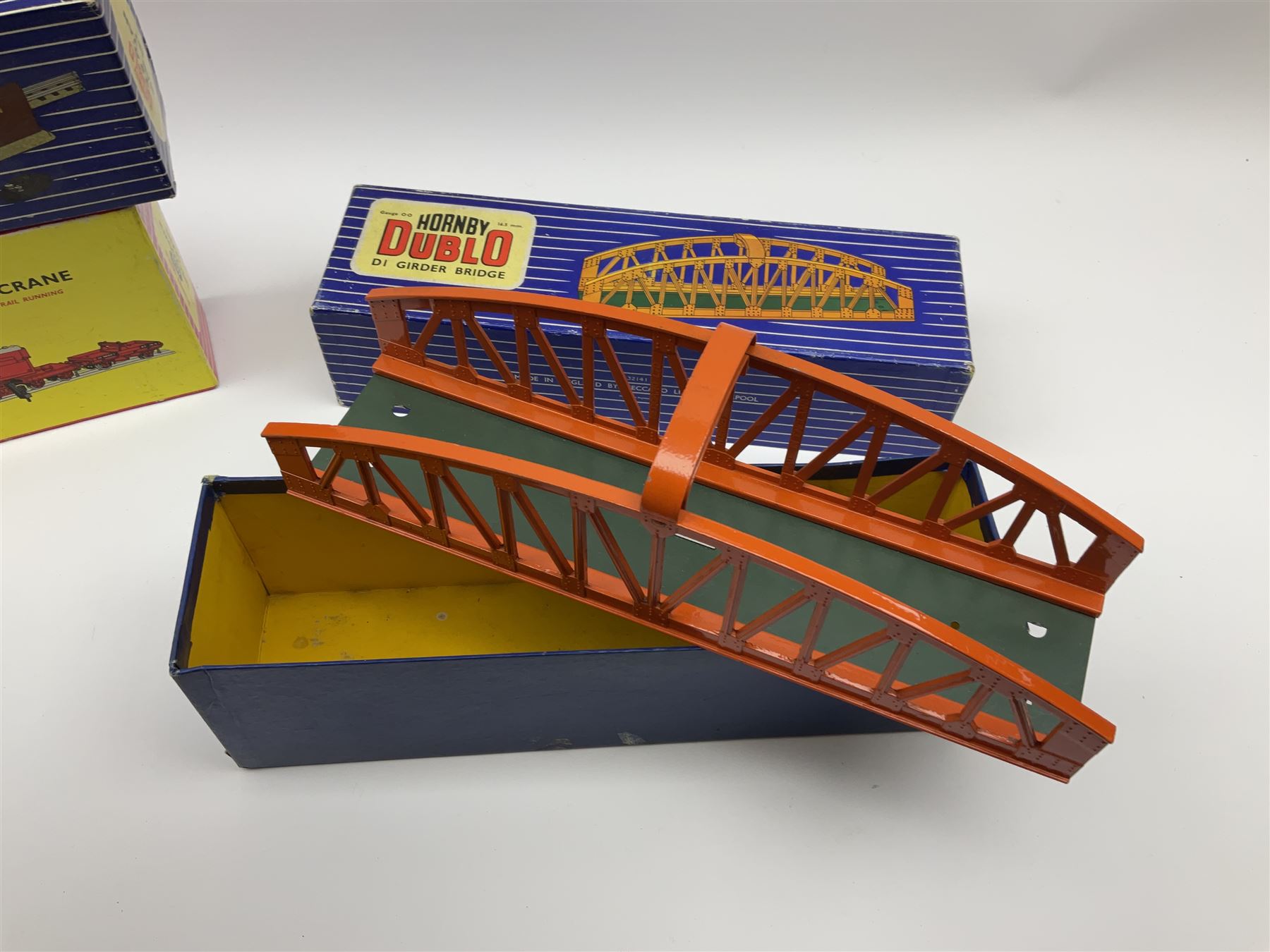 Hornby Dublo - Breakdown Crane No.4062 boxed with screw jacks; D1 Girder Bridge, boxed; and T.P.O. Mail Van Set, boxed with instructions, mail bags, switch and tested tag (3)