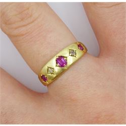Victorian 18ct gold five stone gypsy set ruby and diamond ring, Birmingham 1878