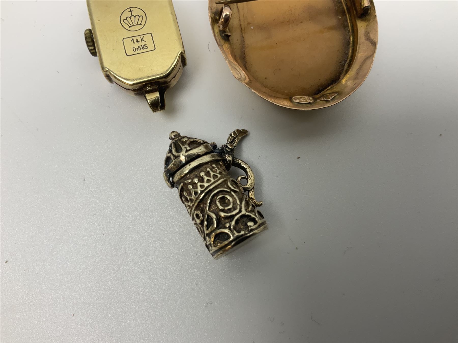 Edwardian silver open face lever pocket watch, case by Alfred Wigley, Birmingham 1901, on silver tapering Albert chain, 14ct gold ladies manual wind wristwatch, two pairs of silver sugar tongs by Francis Higgins II, London 1880, silver charm and a 9ct gold cameo