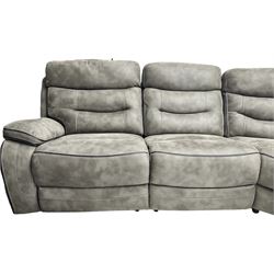 Large contemporary reclining corner sofa, upholstered in gunmetal grey faux suede fabric with black piping