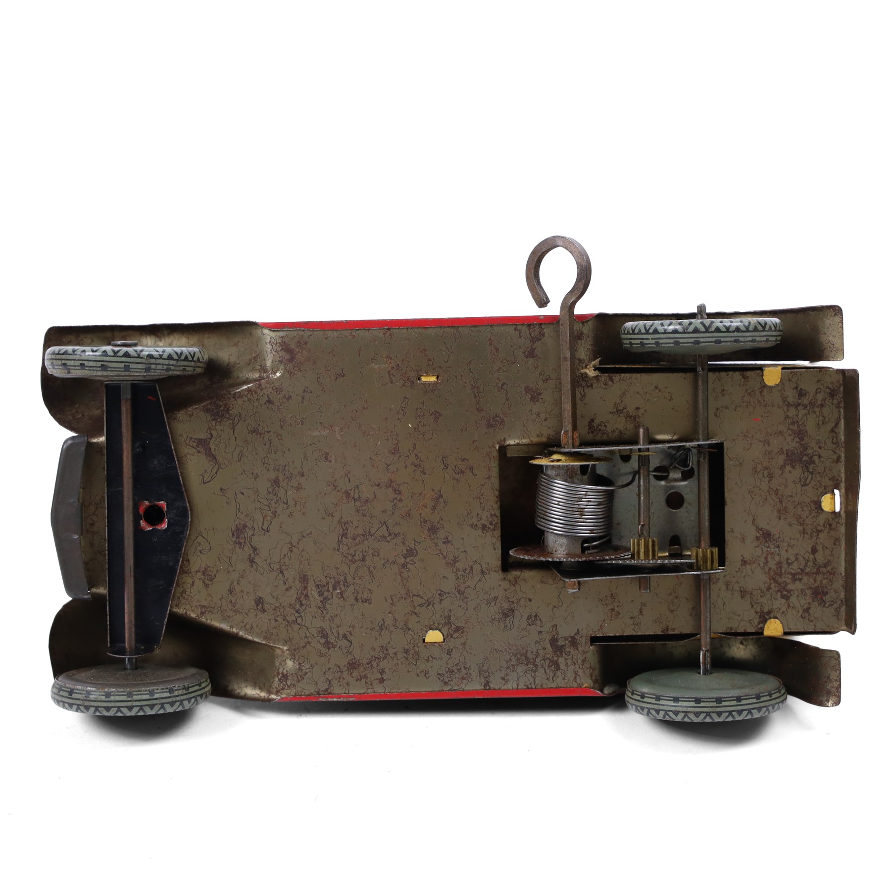Wells Brimtoy tinplate clockwork 'Express Transport' delivery van, green body with cream roof and red highlights, with lithographed details, fixed key, H7.5cm, L17cm