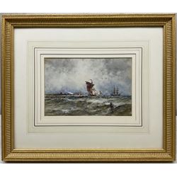 Frank Henry Mason (Staithes Group 1875-1965): Shipping off the Coast, possibly St Andrews, watercolour heightened in white signed 15cm x 23cm