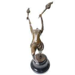 Art Deco style bronze figure of a female dancing with flame torches, raised upon marble socle base, signed F. Paris, H43cm