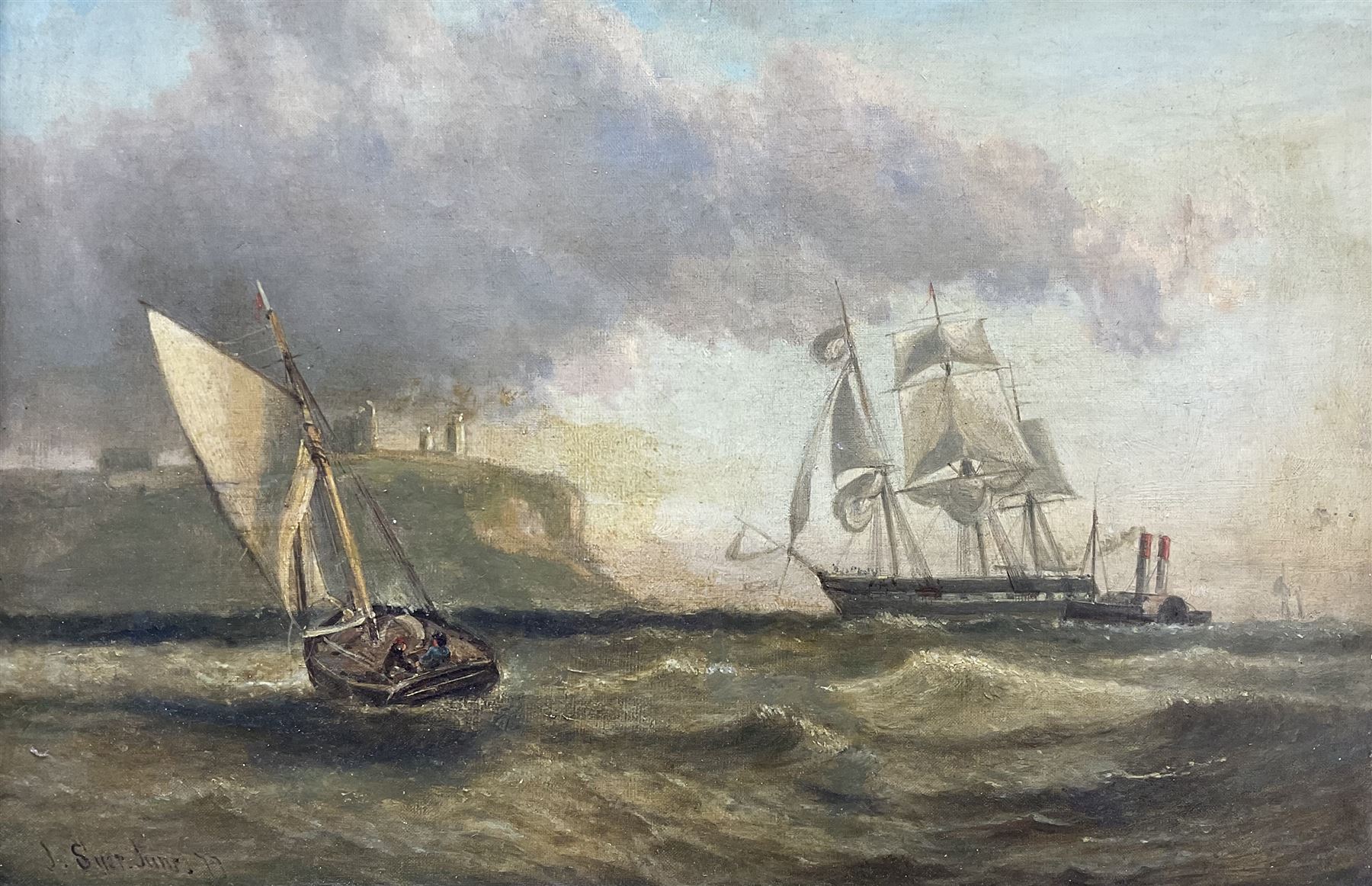 John Syer Jnr. (British 1846-1913): Sail and Steam Boats off Tynemouth Priory, oil on canvas laid on to panel signed and dated '77, 40cm x 60cm