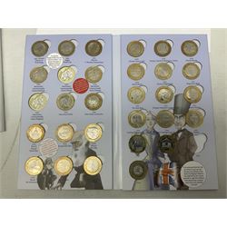 The Royal Mint United Kingdom mostly commemorative two pound, old round one pound and fifty pence coins, overall face value approximately 110 GBP, housed in three 'Coin Hunt' folders and loose